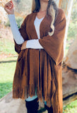 Soft Camel Knit Pocket Kimono With Fringe