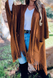 Soft Camel Knit Pocket Kimono With Fringe