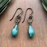 Milky Aqua Swirl Teardrop Earrings Czech Glass Gold Embossed