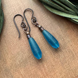 Matte Teal Teardrop Earrings - Stacked bead & Antique Copper