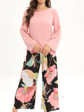 Pajama Set Soft Pink Long Sleeve Top with Floral Pants