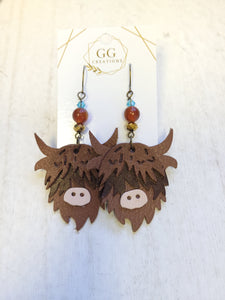 Highlander Cow Brown Genuine Leather Earrings