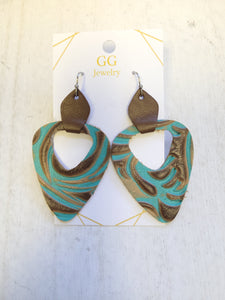 Dangle Tooled Brown and Teal Western Genuine Leather Earrings