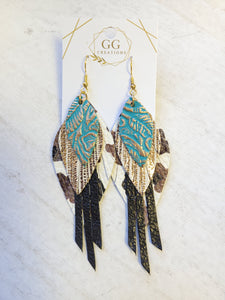 Fringe Feather Teal and Cow Print Genuine Leather Earrings