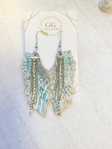 Angel Wings White and Teal Leather Earrings