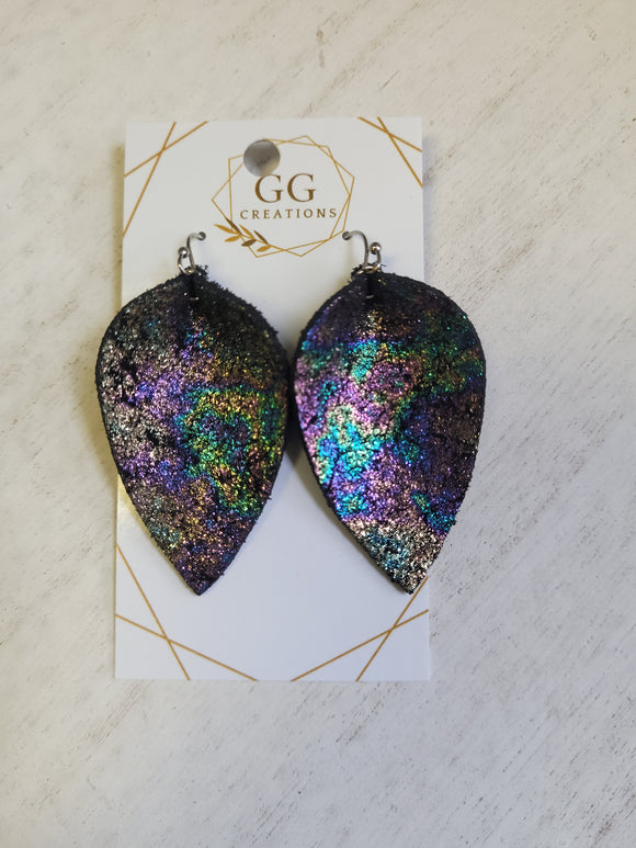 Pinched Leaf - Oil Slick - Genuine Leather Earrings