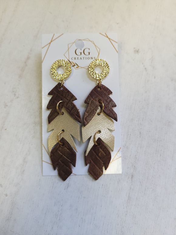 Broken Feather - Brown and Gold - Genuine Leather Earrings