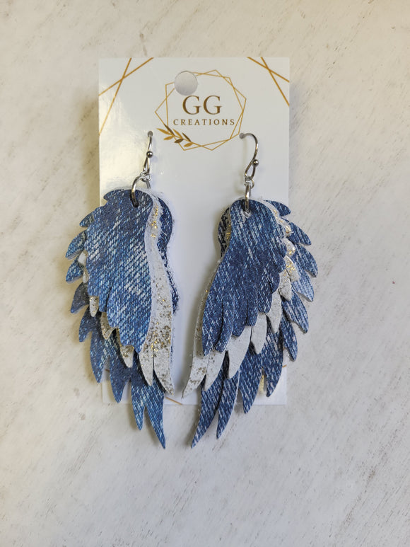 Angel Wings - Blue and White - Genuine Leather Earrings