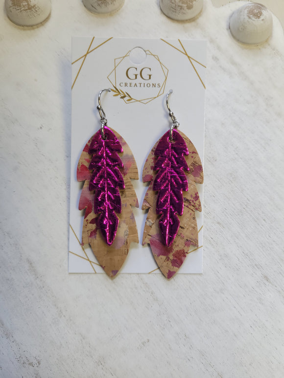 Layered Feather - Pink and Cork - Genuine Leather Earrings