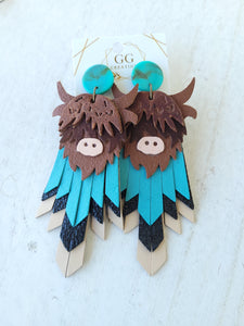 Highlander Cow Long Fringe Brown Genuine Leather Earrings