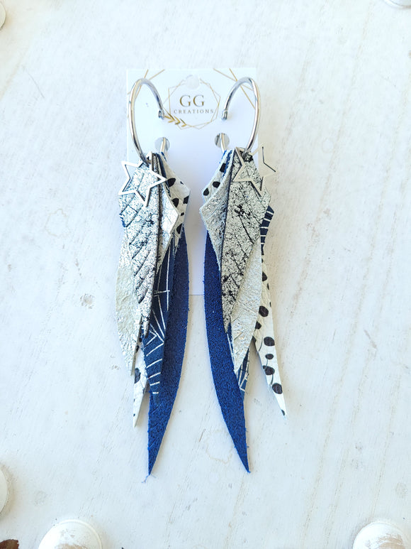 Long Layered Navy/Silver Hoop Feather Genuine Leather Earrings