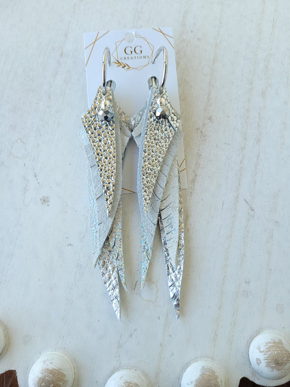 Layered Silver Feather Hoop Genuine Leather Earrings