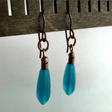 Matte Teal Teardrop Earrings - Stacked bead & Antique Copper