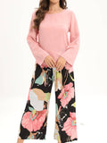 Pajama Set Soft Pink Long Sleeve Top with Floral Pants