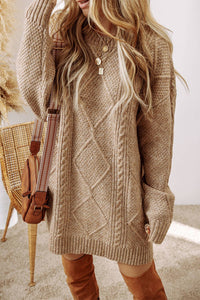 Cable Knit Drop Shoulder Loose Fit Sweater Tan Dress