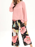 Pajama Set Soft Pink Long Sleeve Top with Floral Pants