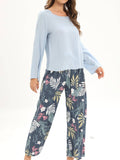 Pajama Set Soft Pink Long Sleeve Top with Floral Pants