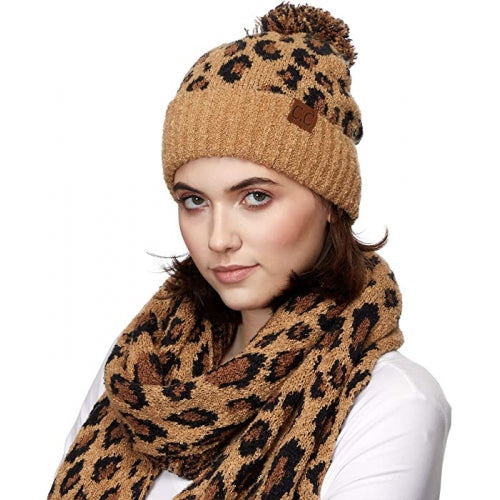 Latte Leopard Knit Beanie Hat