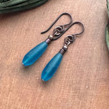 Matte Teal Teardrop Earrings - Stacked bead & Antique Copper