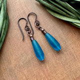 Matte Teal Teardrop Earrings - Stacked bead & Antique Copper