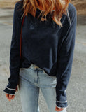 Textured Navy Round Neck Long Sleeve Top