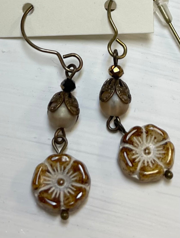 Brown White-Wash Czech Earrings