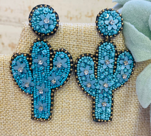 Teal Flower Cactus Earrings