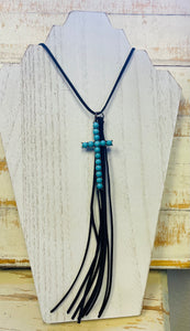 Long Cross Turquoise Tassel Necklace