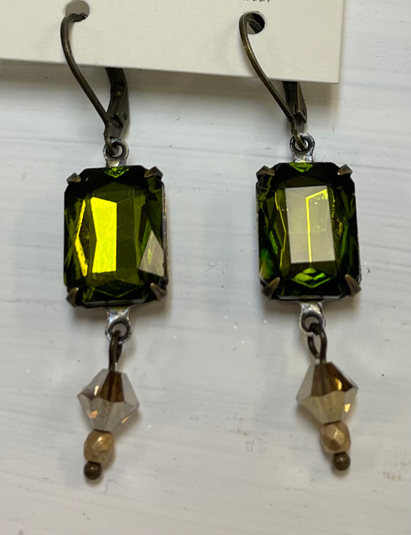 Green Square Dangle Czech Glass Earrings