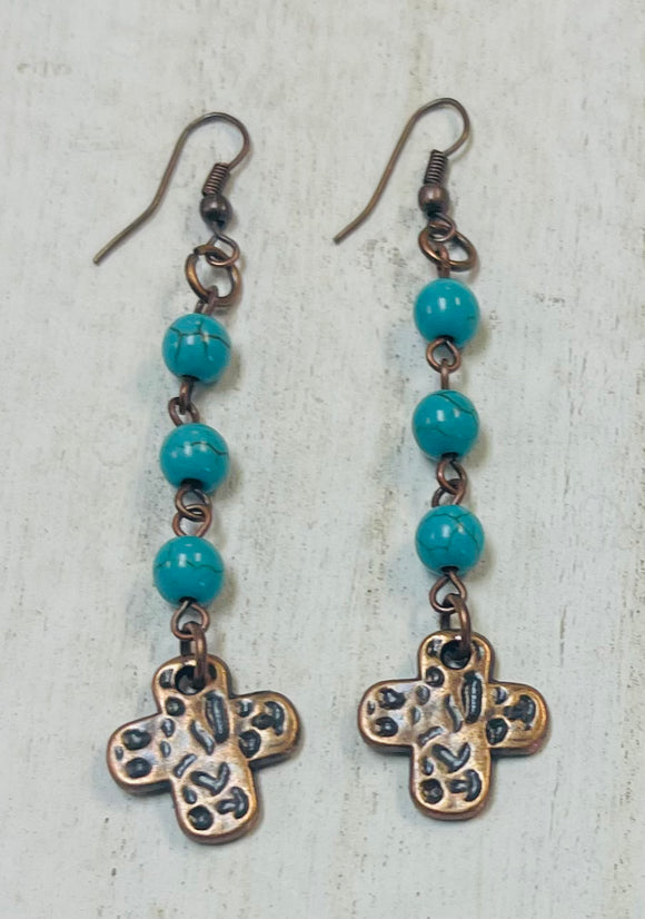 Dangled Turquoise Beads with Copper Cross Earrings