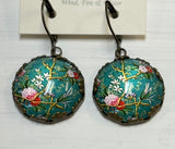 Round Teal Floral Round Earrings