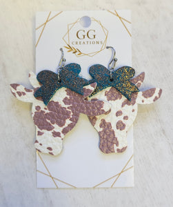 Cow With Teal Bow Genuine Leather Earrings