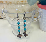 Dangled Turquoise Beads with Copper Cross Earrings