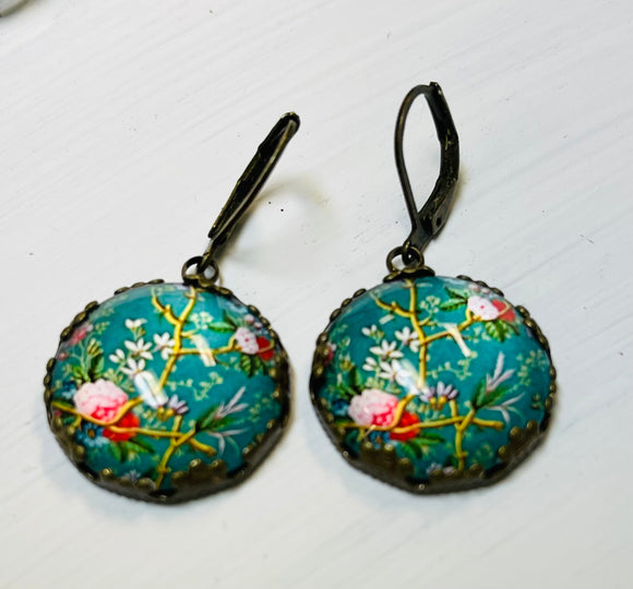 Round Teal Floral Round Earrings