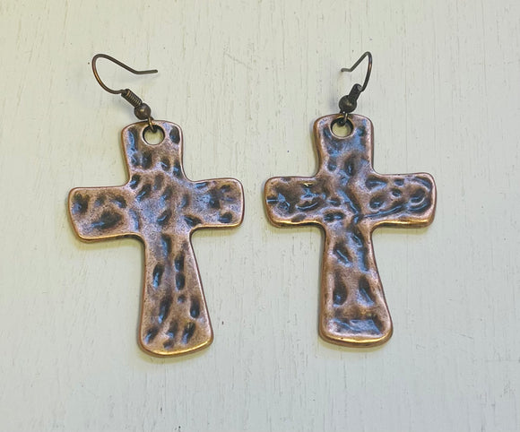 Copper Hammered Cross Earrings