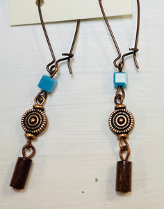 Wood Tubes With Copper Coils Earrings.