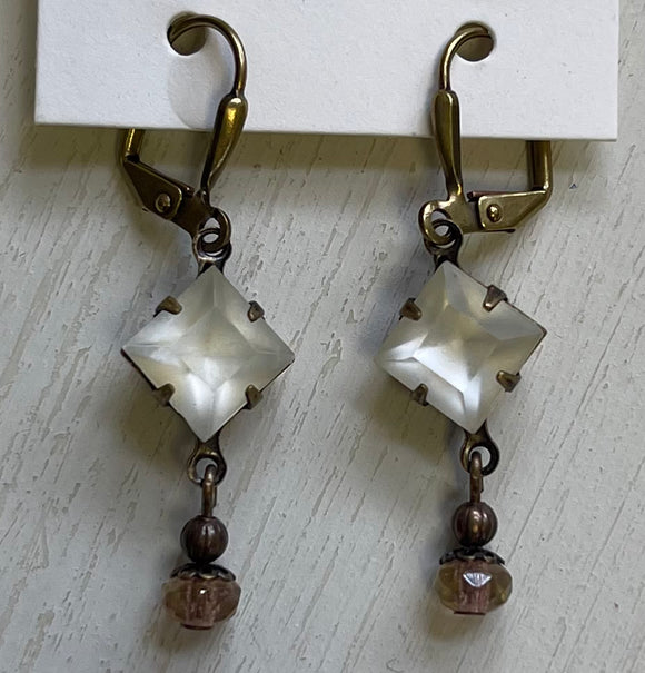 Frosted Diamond With Vintage Brass Earrings