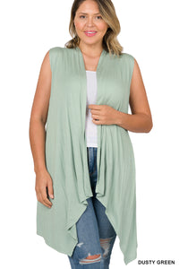 Plus Sleeveless Draped Open Front Cardigan - Dusty Green