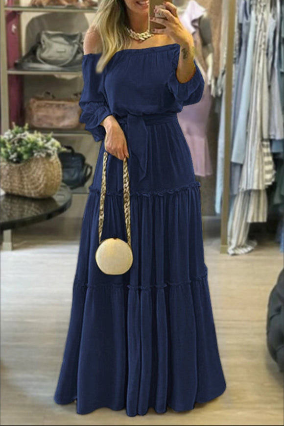 Off Shoulder Pleated Navy Dress - Plus