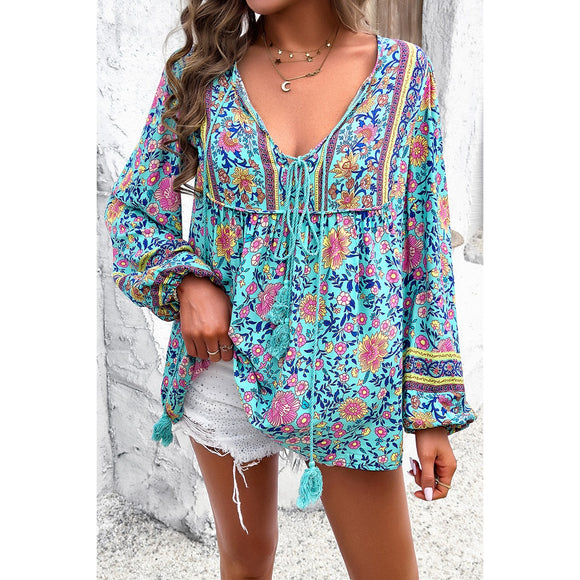 All Over Floral Print Cross Deep V Boho Top