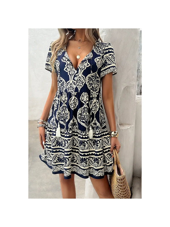 Black & White Print Ruffle Tassel Dress