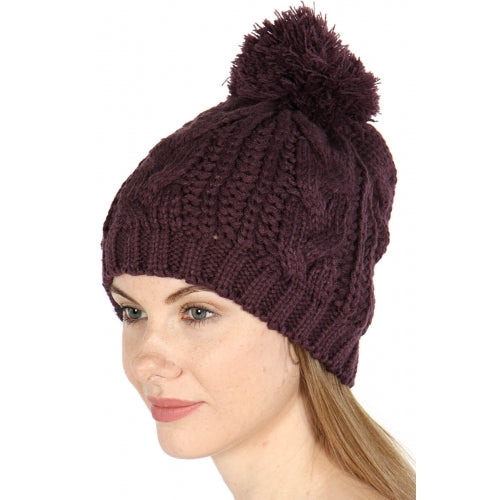 Plum Cable Knit Beanie Hat