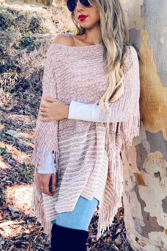 Stripe Soft Knit Poncho Cardigan With Tassel