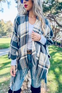 Plaid Cozy Knit Kimono Cardigan With Tassel