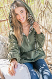 Olive Leopard Print Hoodie Zipper Up Pocket Windbreaker