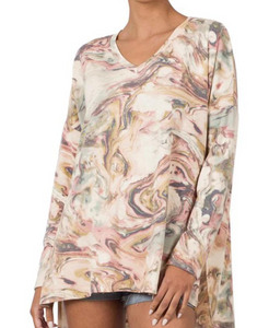 SOFT FRENCH TERRY PRINTED V-NECK HEM TOP