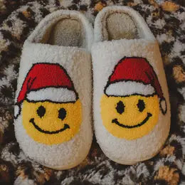 Santa Christmas Happy Face Sherpa Slippers  White