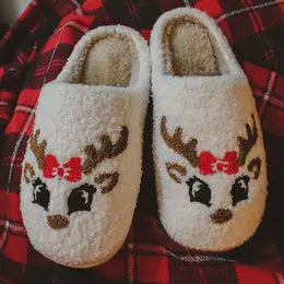 Reindeer Face Christmas Sherpa Slippers  White