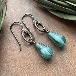 Milky Aqua Swirl Teardrop Earrings Czech Glass Gold Embossed