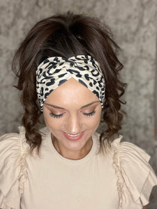 Womens wide ivory Leopard twisted headband